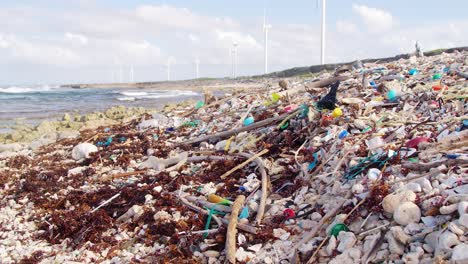 estático ancho de desechos plásticos hechos por el hombre y basura que lentamente se lavan en la costa rocosa en el caribe