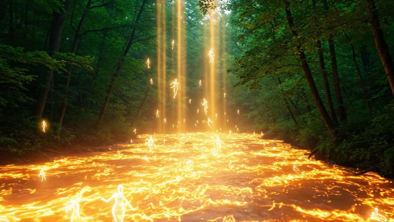 An Enchanting Scene of Glowing Figures Rising from a Lava-Like River Surrounded by Lush Green Forest, Capturing a Mystical Moment in Nature's Splendor