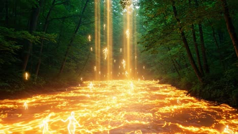 an enchanting scene of glowing figures rising from a lava-like river surrounded by lush green forest, capturing a mystical moment in nature's splendor