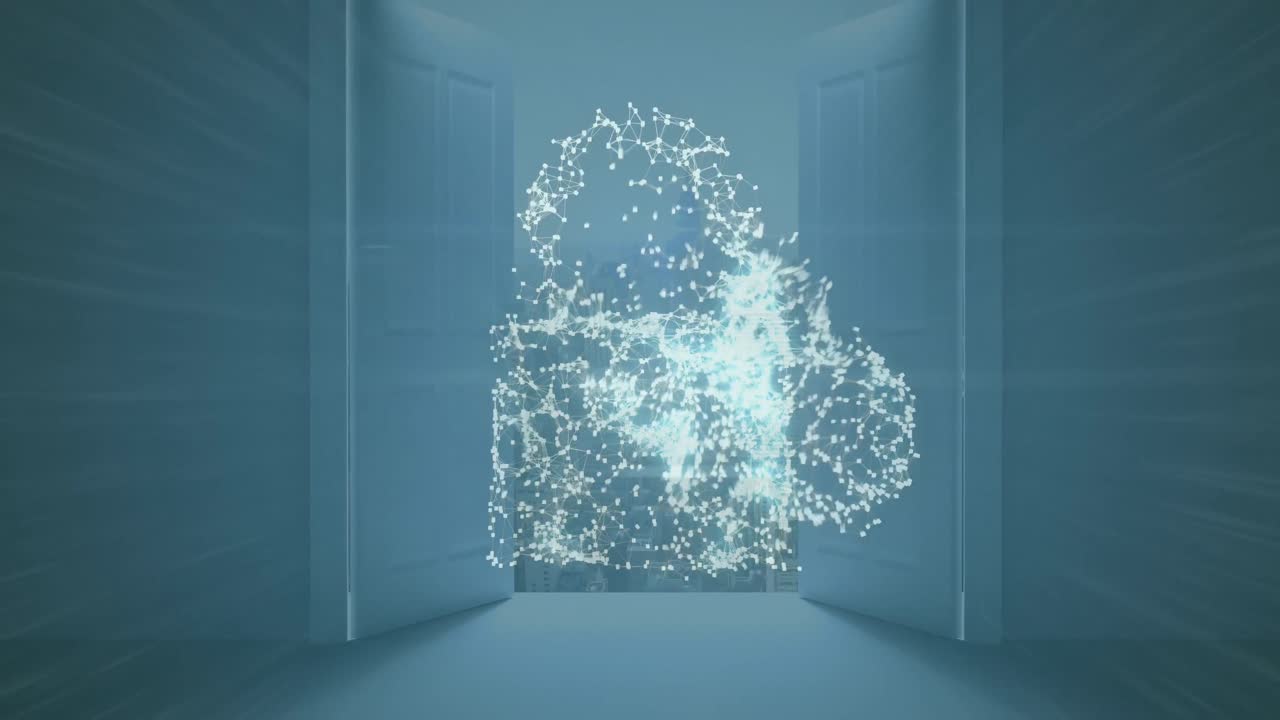 도시 풍경에 대한 클라우드 및 보안  ⁇ 락 아이콘을 형성하는 연결 네트워크의 애니메이션