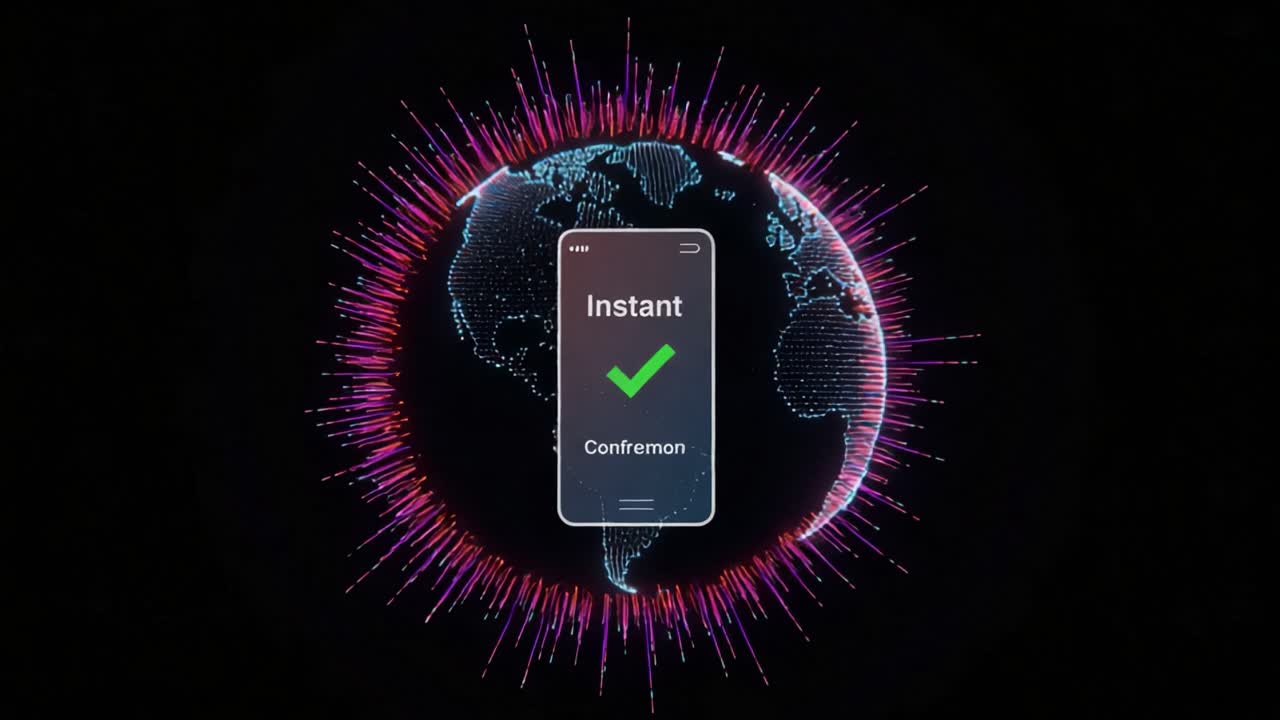 Global Connectivity and Instant Confirmation: A Visual Representation of Modern Digital Transactions and Communication with a Central Mobile Device on a Dynamic Background