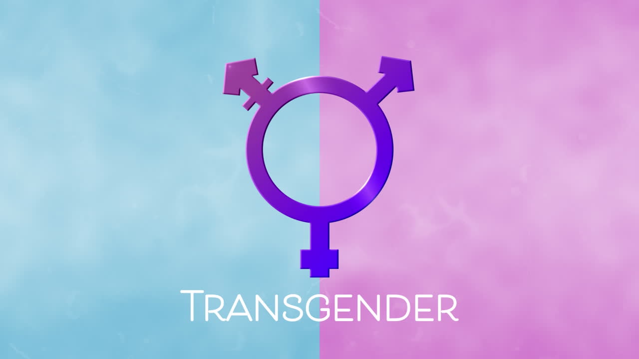 animación del símbolo transexual púrpura sobre fondo azul y rosa