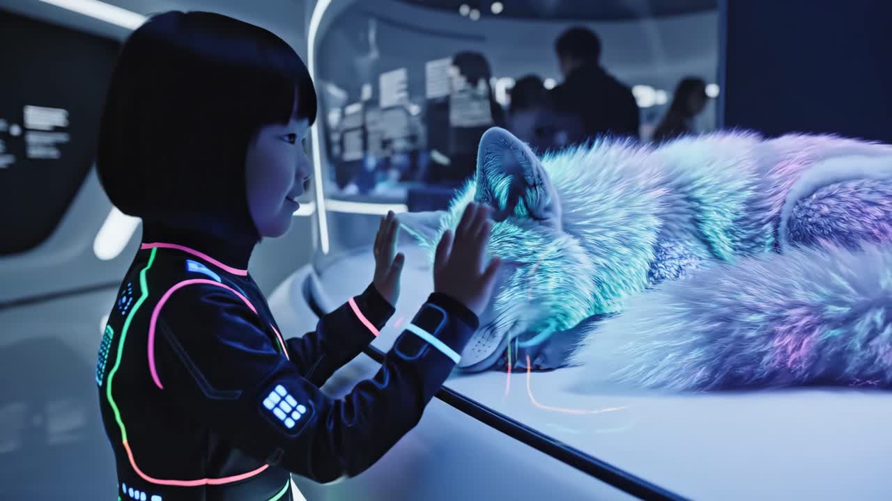 Futuristic Child Interacting with a Robot Dog