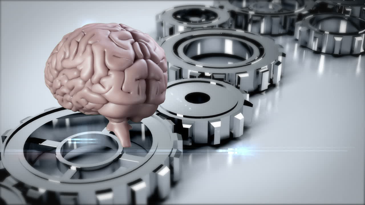 animación del cerebro girando sobre los engranajes sobre un fondo gris