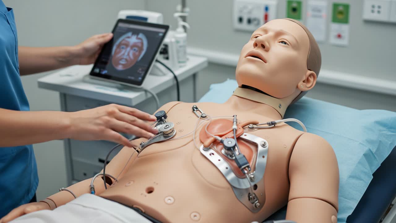 Advanced Medical Simulation: Healthcare Professional Engages with Life-like Human Patient Simulator for Training Procedures and Emergency Response Techniques