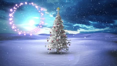 Luces-Decorativas-De-Estrellas-Brillantes-Contra-Copos-De-Nieve-Cayendo-Sobre-El-árbol-De-Navidad-En-El-Paisaje-Invernal