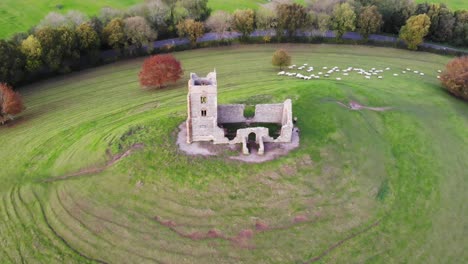 aerial overhead shot of the church at burrow mump south west england