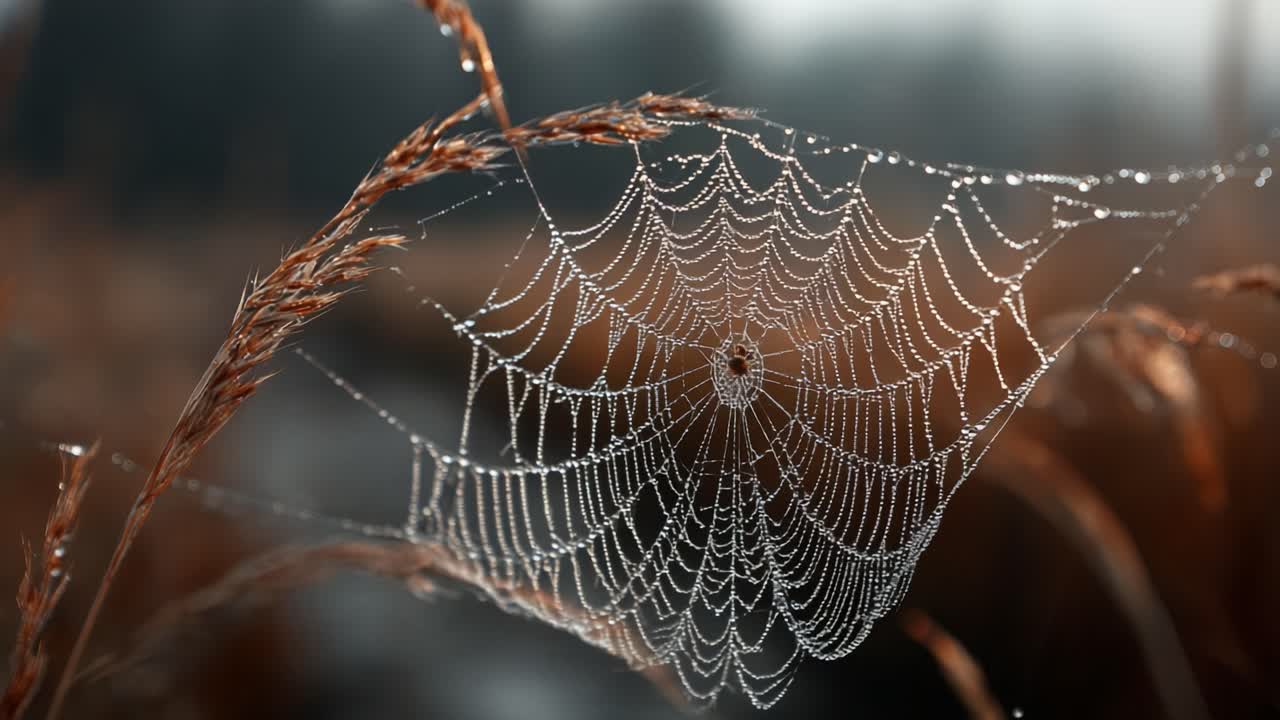 A Stunning Close-Up View of a Dew-Covered Spider Web Captured in Early Morning Light, Adorned with Sparkling Droplets on Delicate Threads in a Natural Setting
