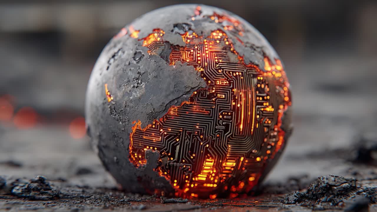 A mesmerizing view of a flaming globe, showcasing intricate circuit patterns glowing with fiery intensity, symbolizing the fusion of technology and nature's raw power