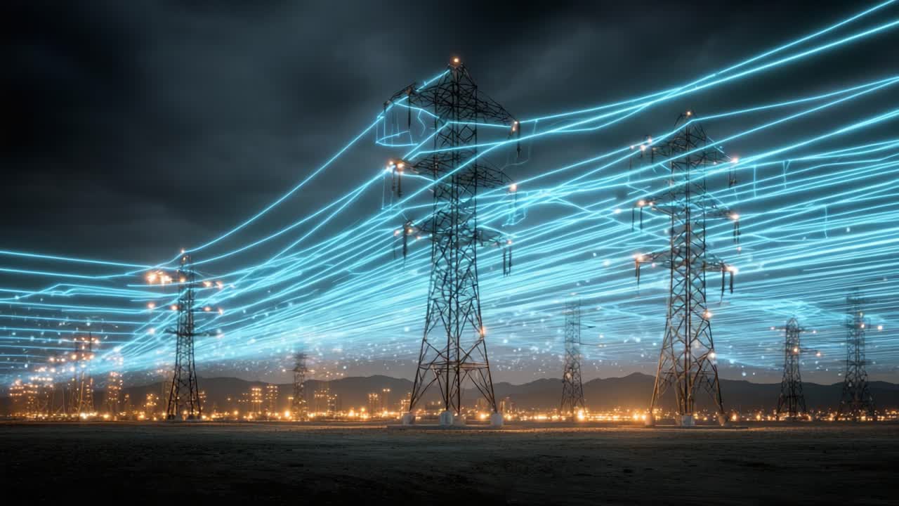 An awe-inspiring display of electric power infrastructure at night, featuring towering transmission lines illuminated against a dramatic, stormy sky with hints of digital energy flows