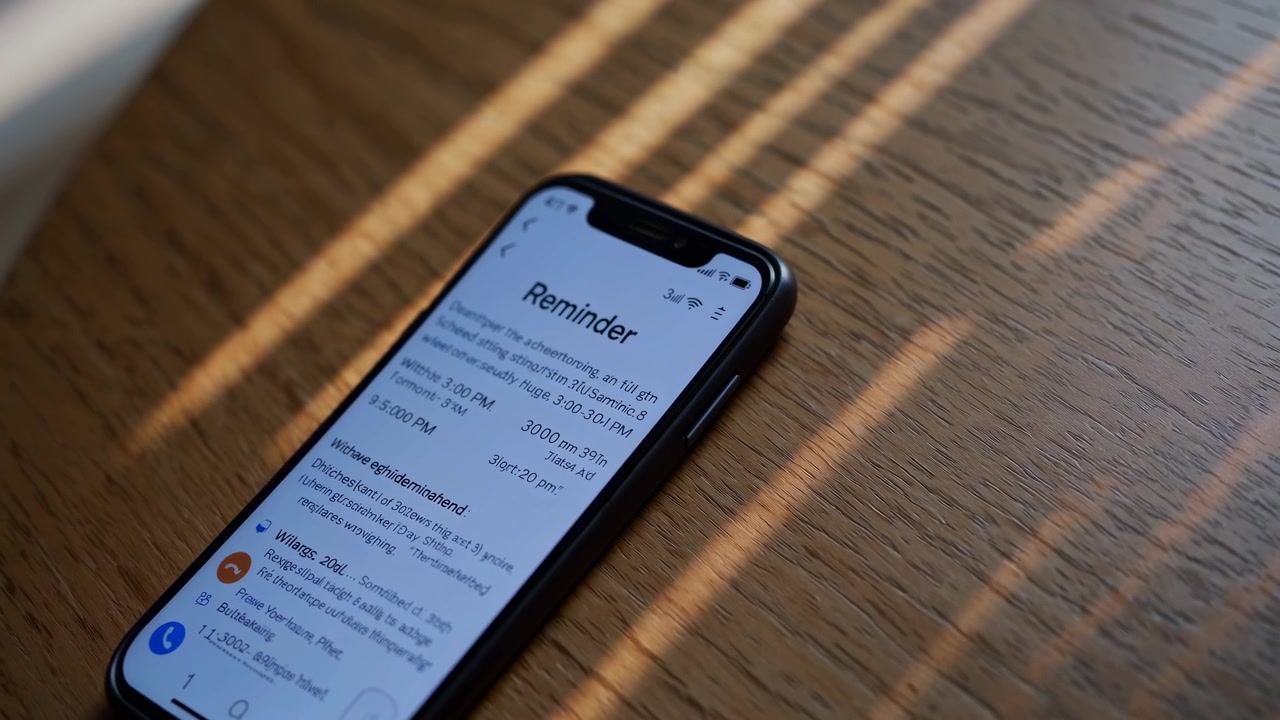 Smartphone Displaying Reminders on a Wooden Table with Sunlight