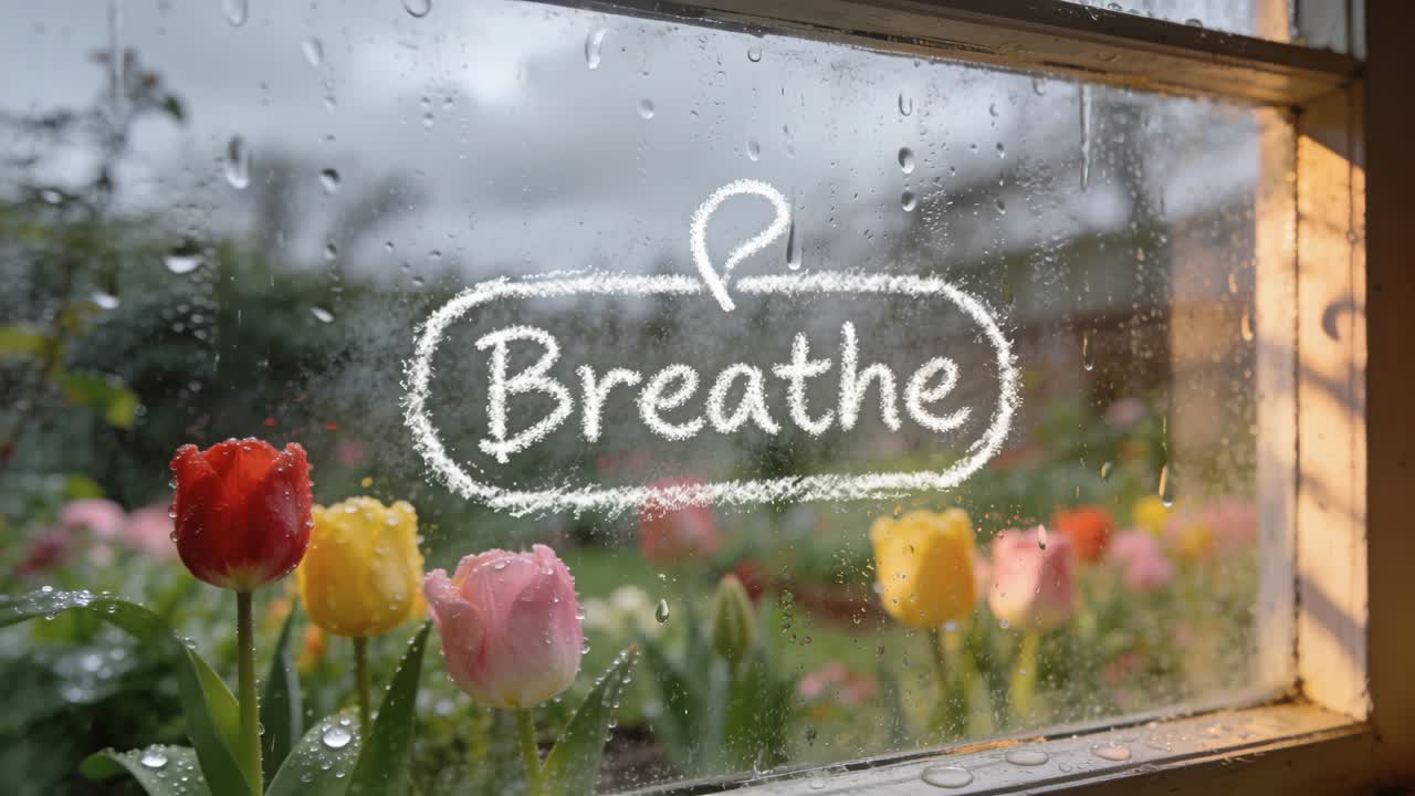 Streaking rain sliding down glass making centered chalk Breathe and tulips vivid at home window
