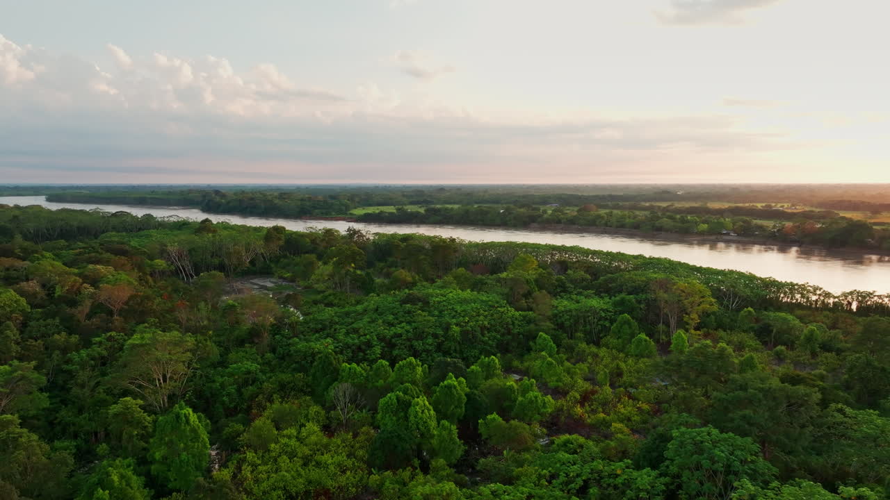 Vista aerea di San José del Guaviare che mostra la foresta amazzonica, un fiume tortuoso e un attraversamento attraverso la rigogliosa e vasta natura selvaggia colombiana.