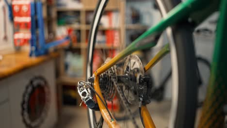 rotating bicycle chain and gears to test bicycle. cycling workshop