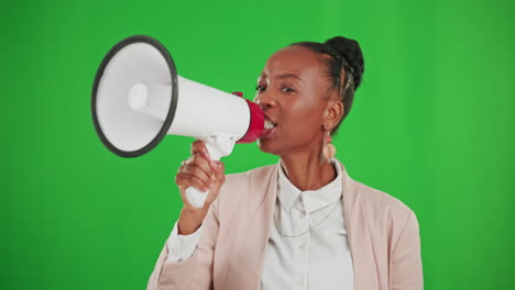 shout, attention and black woman with megaphone