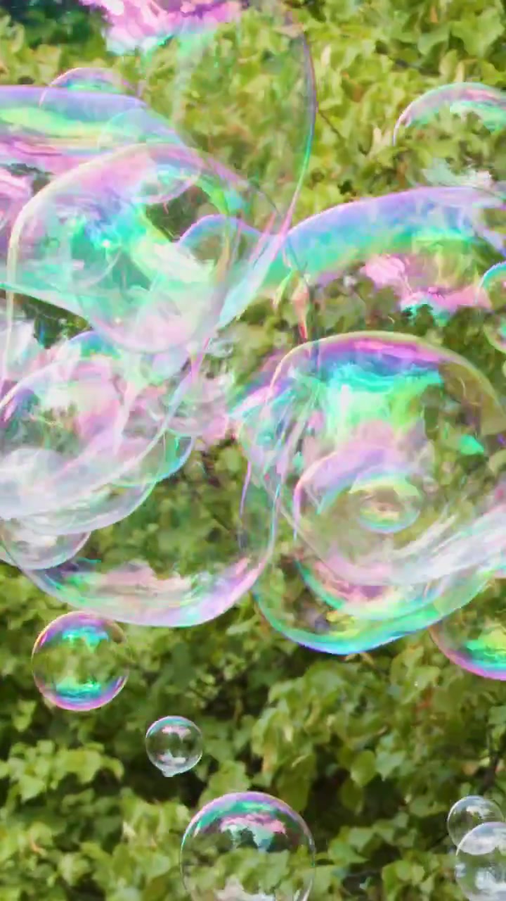 Colorful Iridescent Soap Bubbles Floating in Green Nature