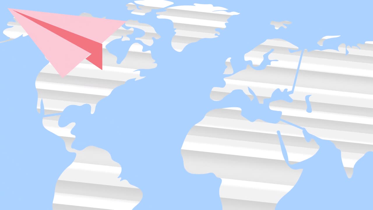 animación de un avión de papel sobre el mapa del mundo