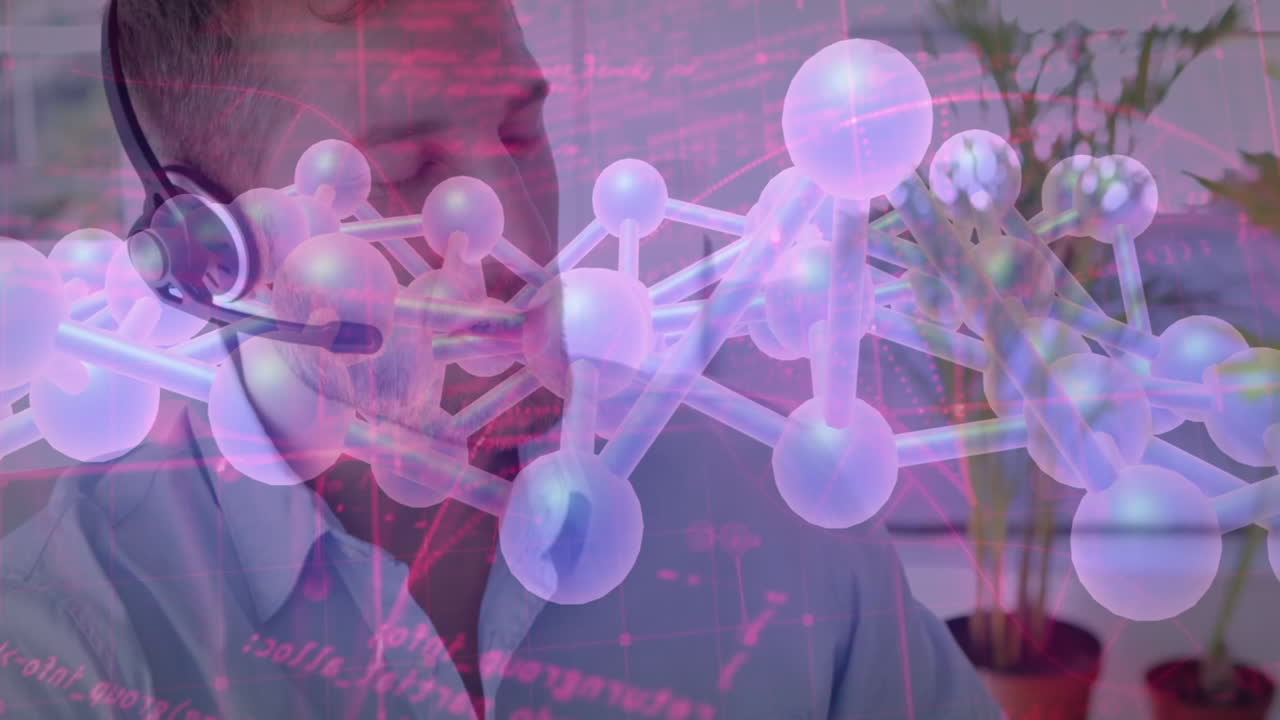 Man with headset working with molecular structure and data overlay animation