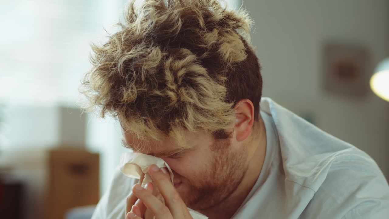 아픈 남자가 재채기하고 코 스프레이를 사용합니다.