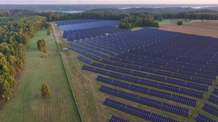 Droneoptagelse af en stor solcellepark nær Sigulda, Letland, omgivet af skove, landbrugsmarker og landligt landskab i varmt tidligt morgenlys.