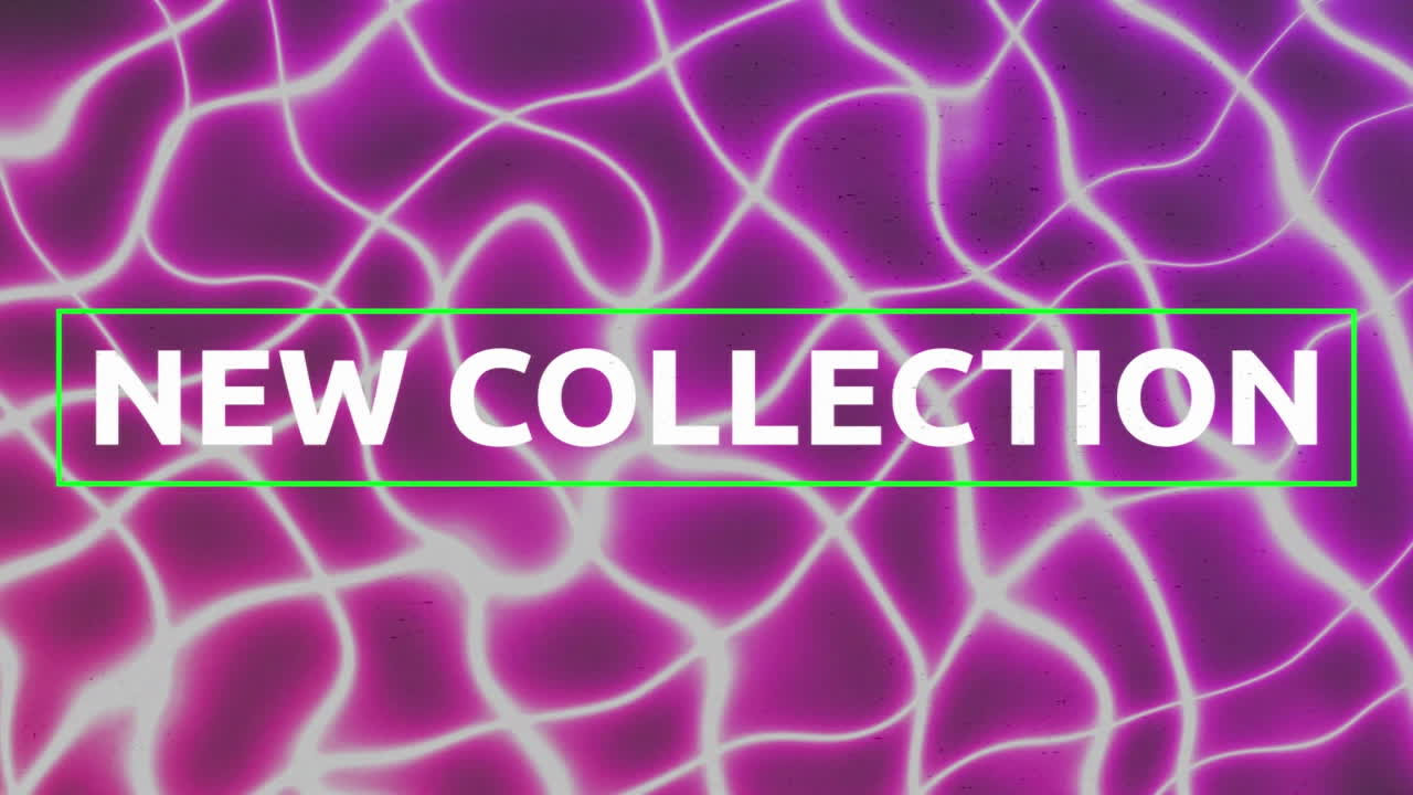 빛나는 분홍색 선 위에 분홍색 십자가와 초록색 선을 가진  ⁇ 색 텍스트로 새로운 컬렉션의 애니메이션