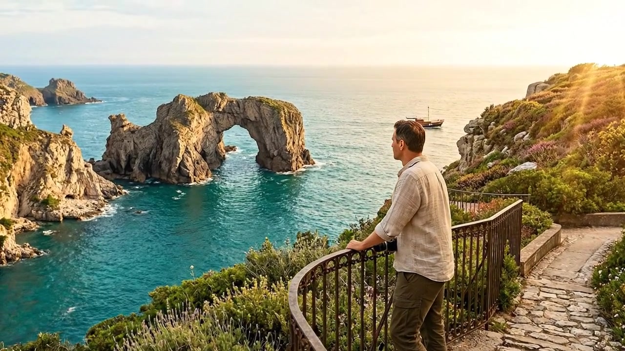 Viajeros explorando impresionantes acantilados costeros y miradores de montaña durante sus vacaciones