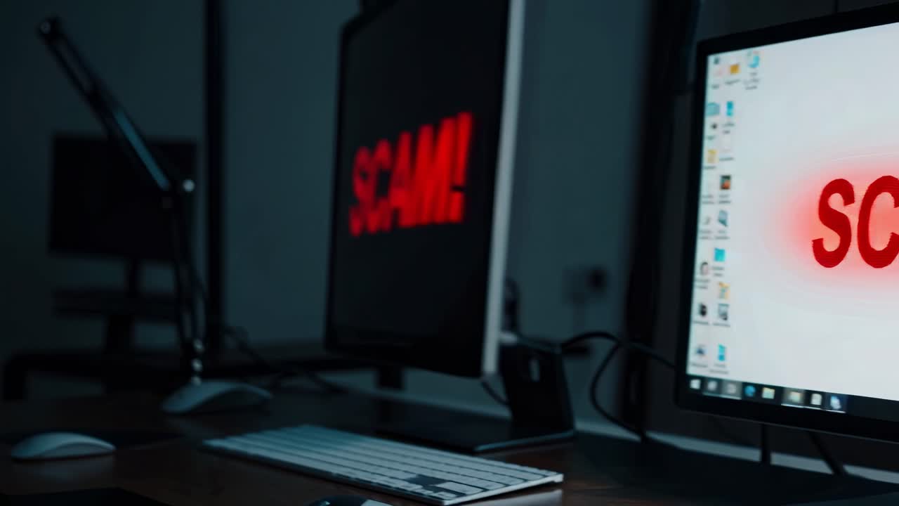 여러 컴퓨터 스크린에 빛나는 사이버 보안 경고, 긴급한 디지털 위협을 강조하여 희미하게 조명된 직장 환경에 퍼져있는 강렬한 빨간 경고 통지