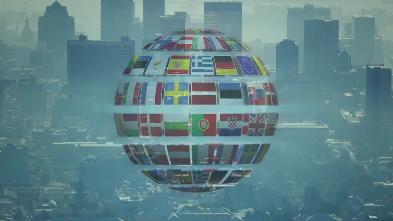 Rotating globe with international flags animation over cityscape
