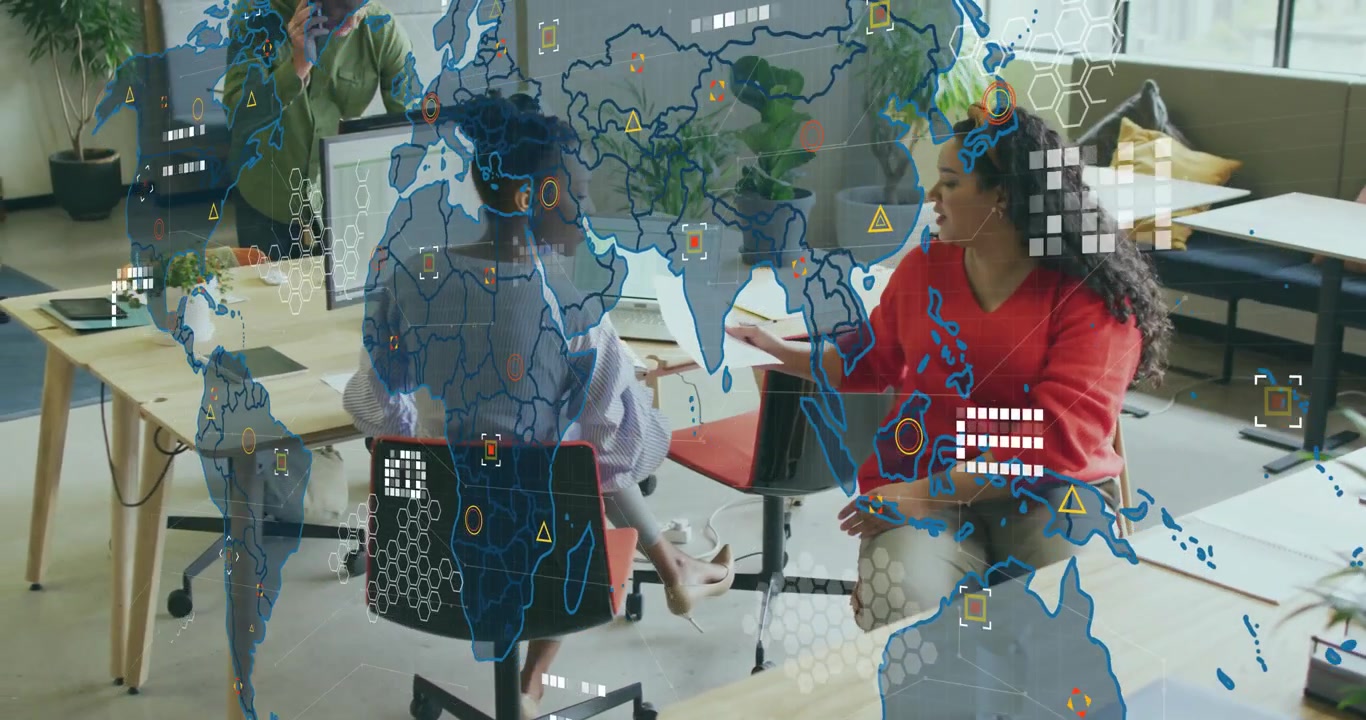 Coworkers exchanging printed report initiating digital world map overlay boosting business insights