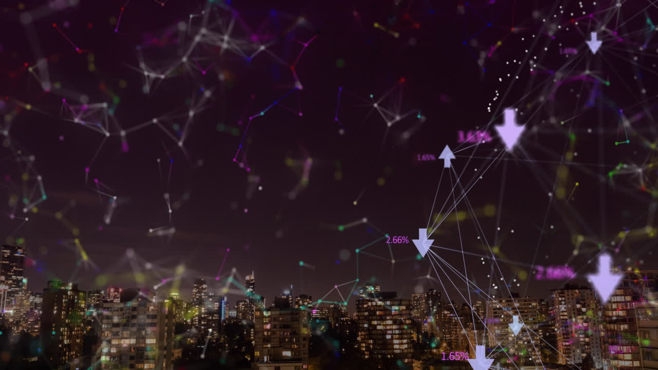 都市風景上のアイコンの接続ネットワークのアニメーション