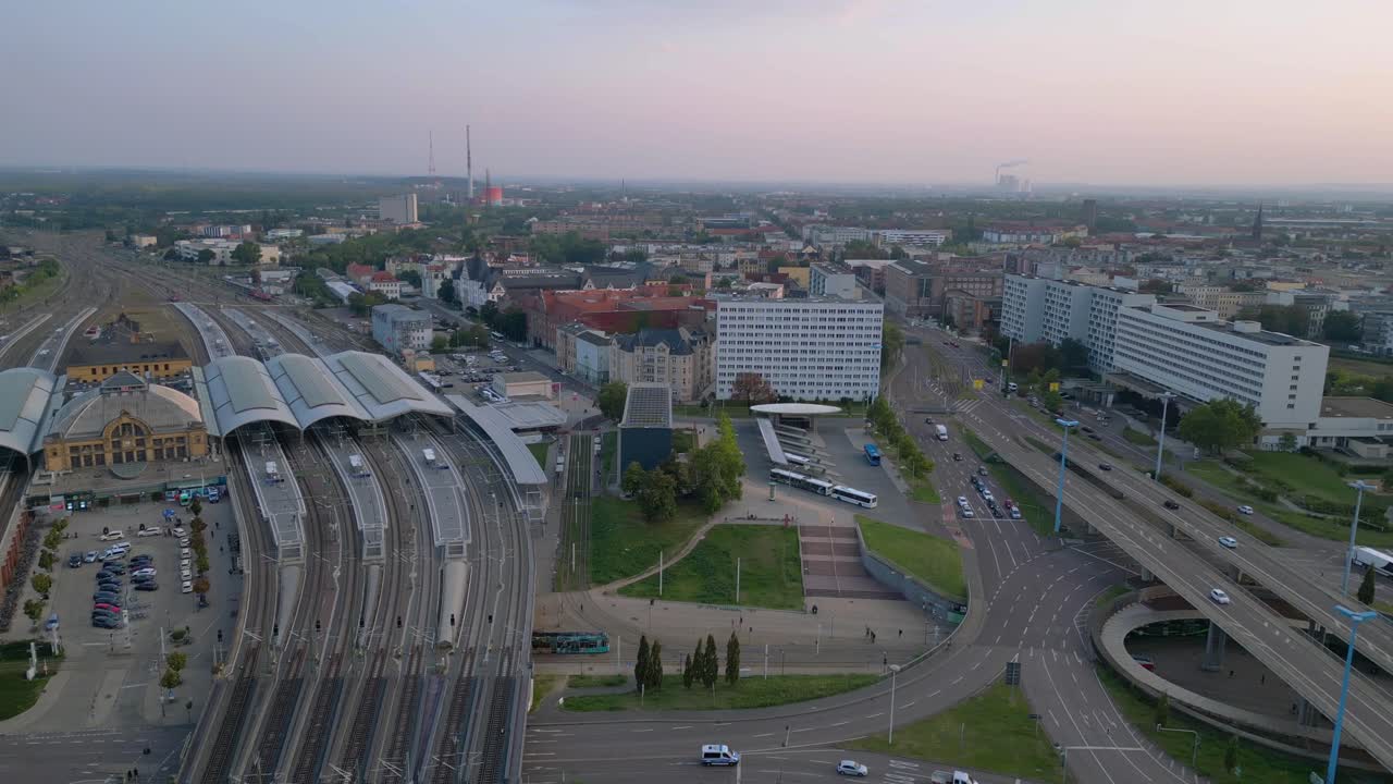 highway roundabout passing over halle saale germany on a cloudy summer day. panorama overview drone