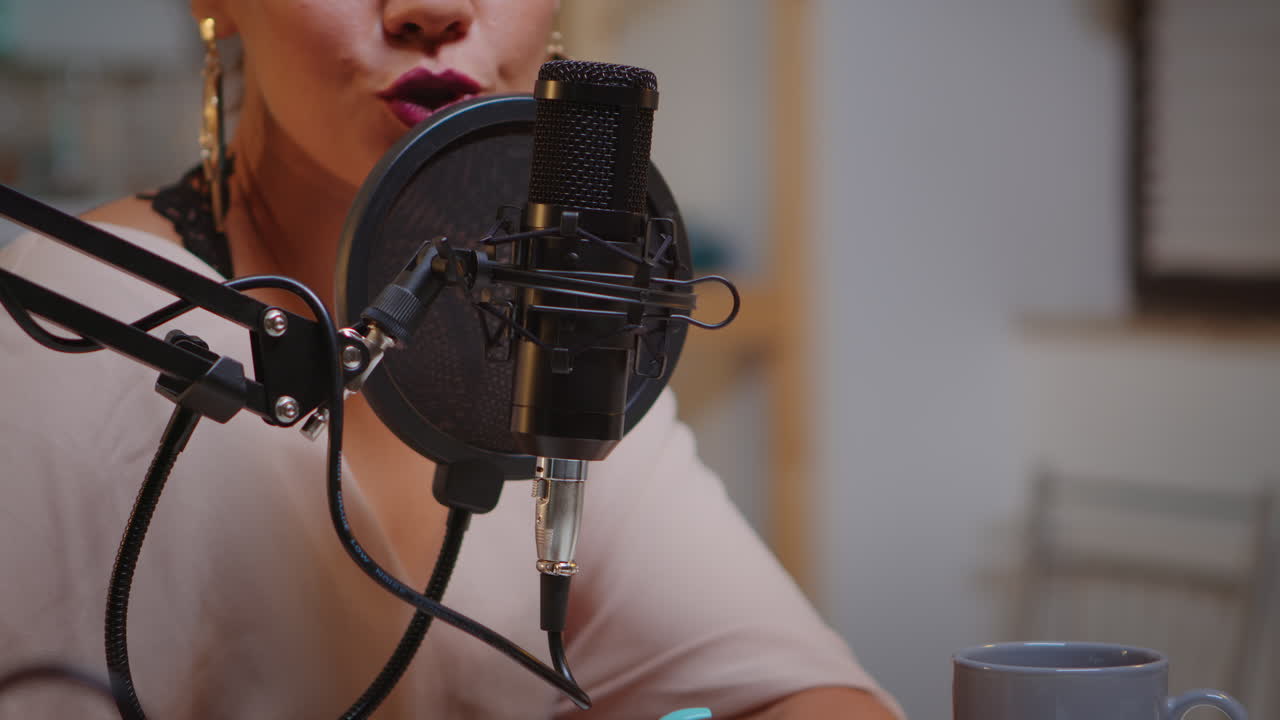 Close up talking on microphone