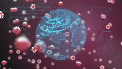 Animation-Von-Covid-19-Zellen-Und-Datenverarbeitung-über-Globus-Und-Weltkarte-Vor-Rotem-Hintergrund