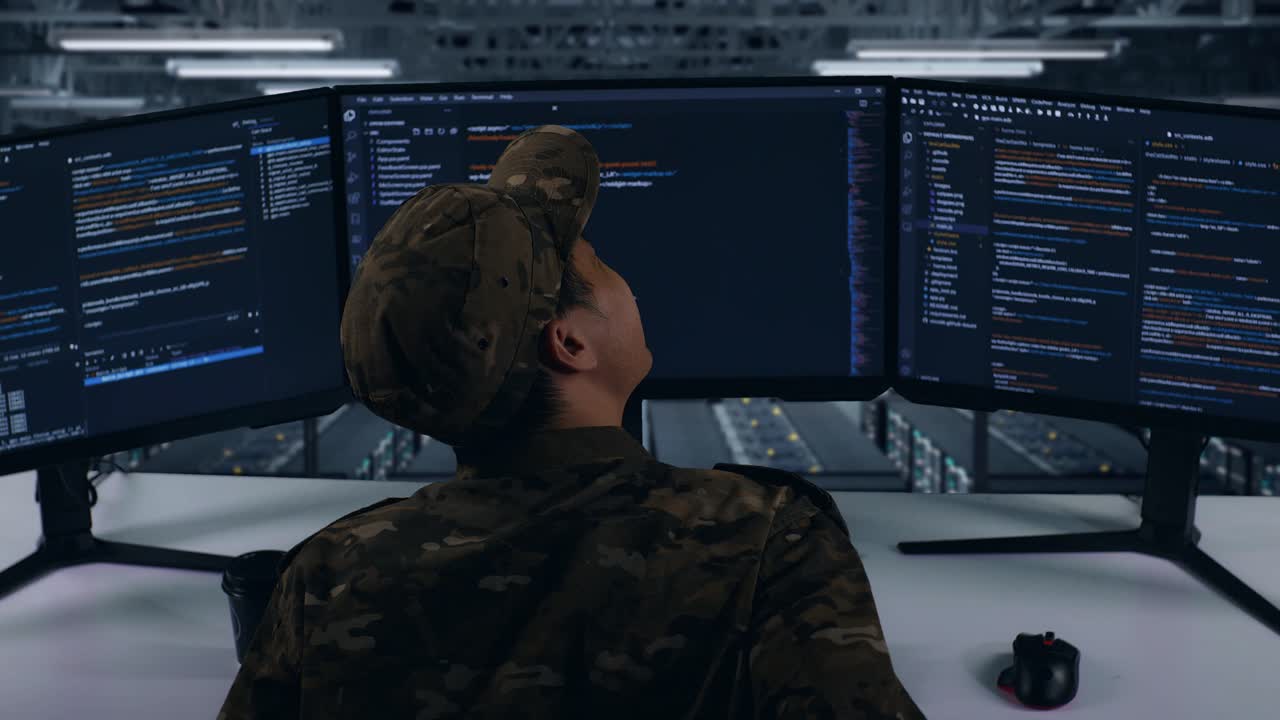Back View Of Asian Military Having Backache While Write Code With Multiple Computer Screens In Data Center
