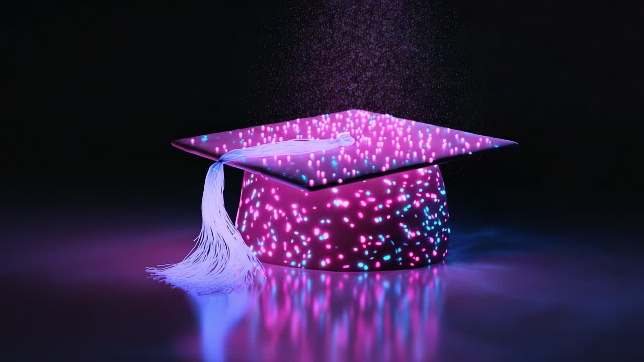 A Captivating Transformation of a Graduation Cap Enveloped in a Mesmerizing Display of Sparkling Lights and Colorful Particles against a Dark Background