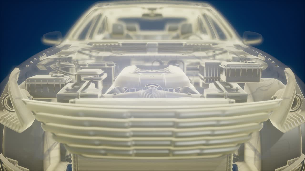 엔진이 있는 3d 와이어프레임 자동차 모델의 홀로그래픽 애니메이션