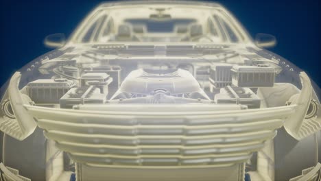 holographic animation of 3d wireframe car model with engine