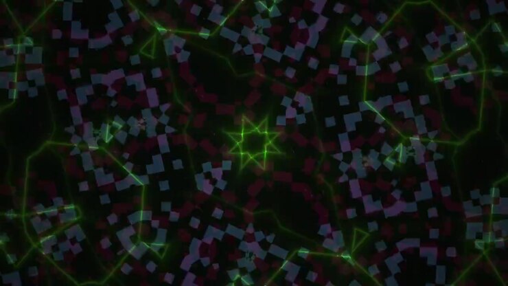Abstract Kaleidoscope Pattern with Glowing Green Neon Lines and Geometric Shapes