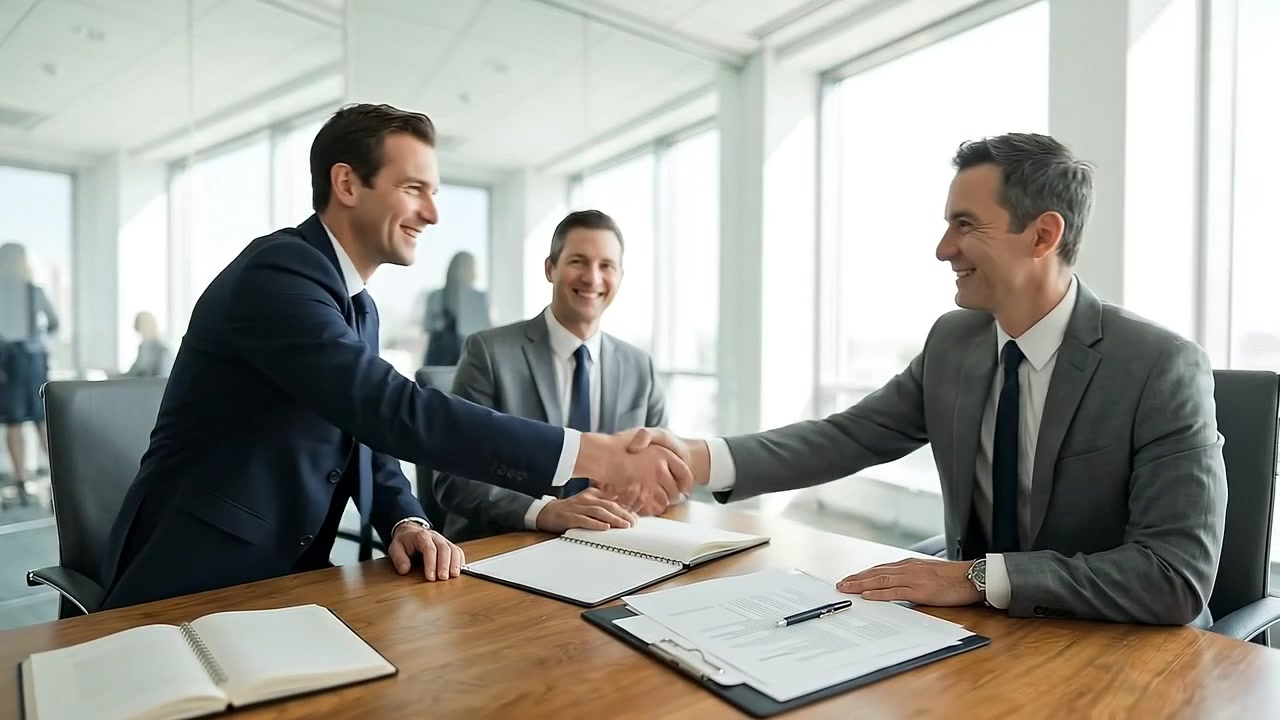 Business meeting sequence showing professionals seated at office table