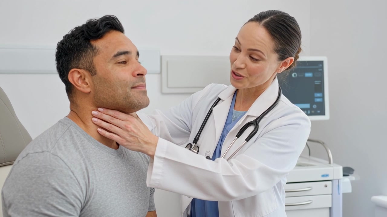 Medico in camice bianco che palpa il paziente seduto su una sedia, mettendo le mani sul collo e spiegando con lo stetoscopio.