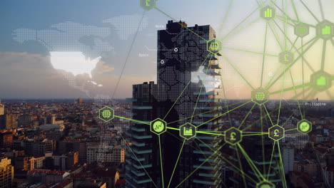 animación del procesamiento de datos sobre el paisaje urbano en 3d