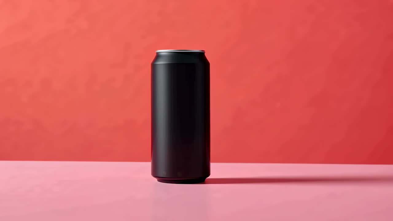 Starting matte black aluminum can standing on pink surface, showcasing product against coral-red