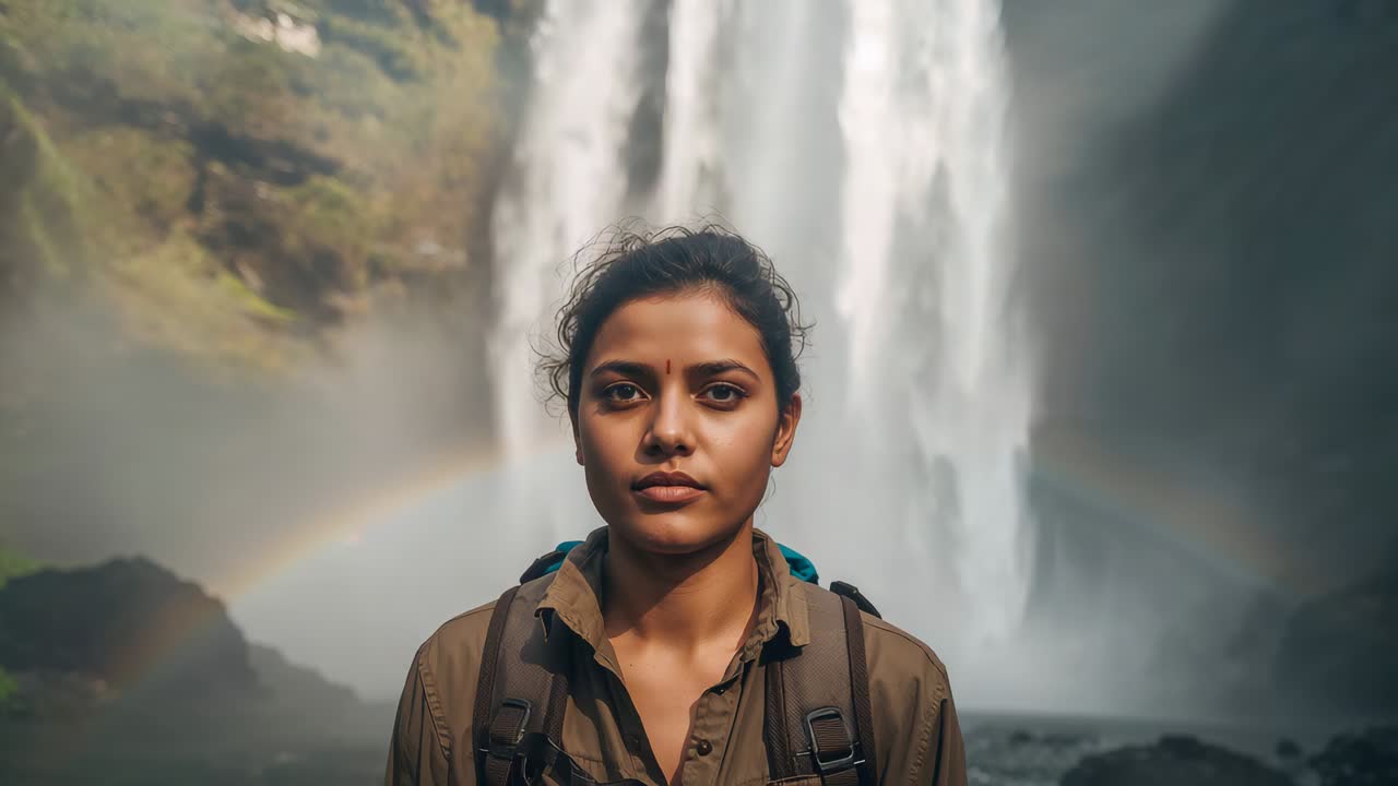 Posing female hiker wearing olive shirt backpack facing camera at waterfall sun making rainbow left