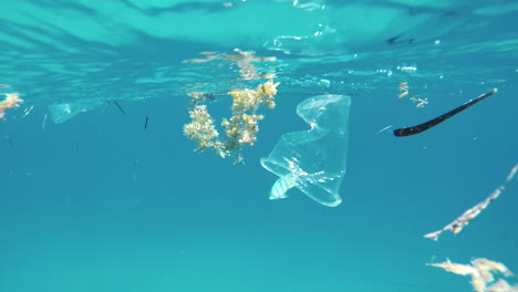 underwater pollution: plastic glass with fish in background