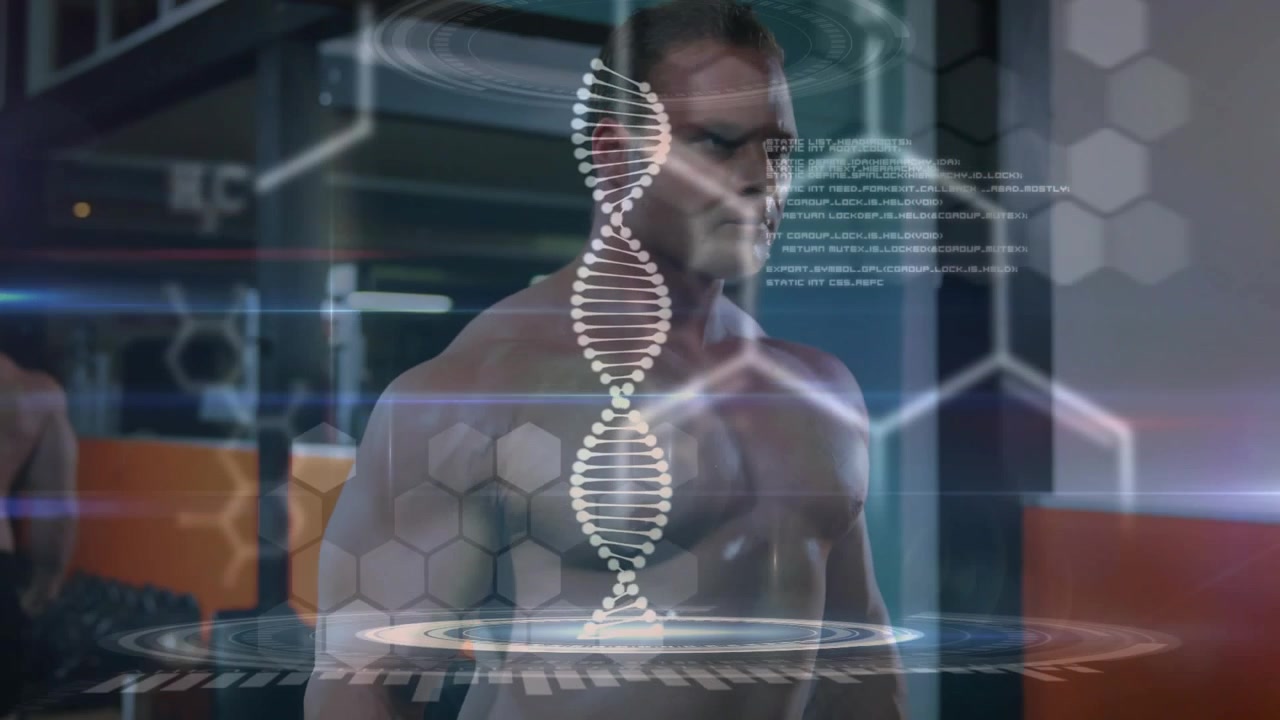 Muscular man performing lateral raises in gym, activating holographic DNA helix for muscle analysis