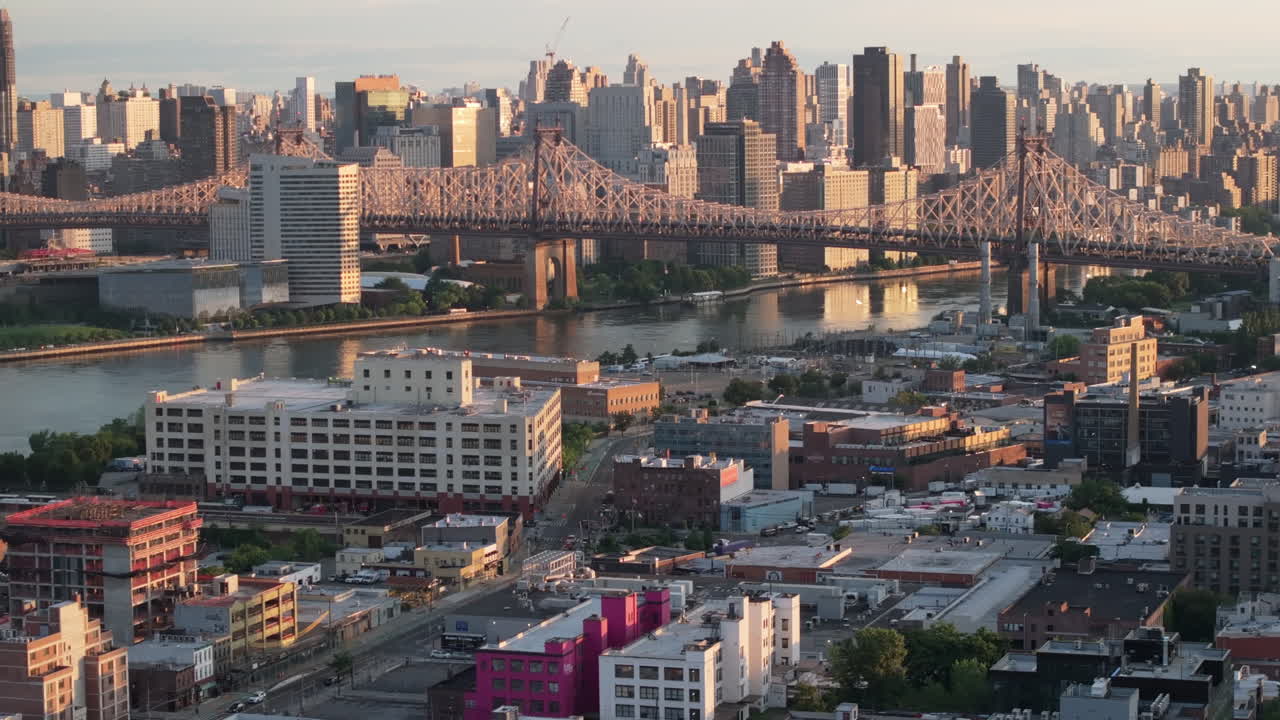 Aerial view of Long Island City and the Queensboro Bridge. Shot at sunrise in New York City