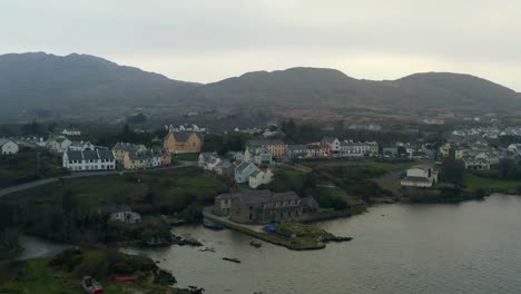 aerial orbit of roundstone town fishing village in connemara