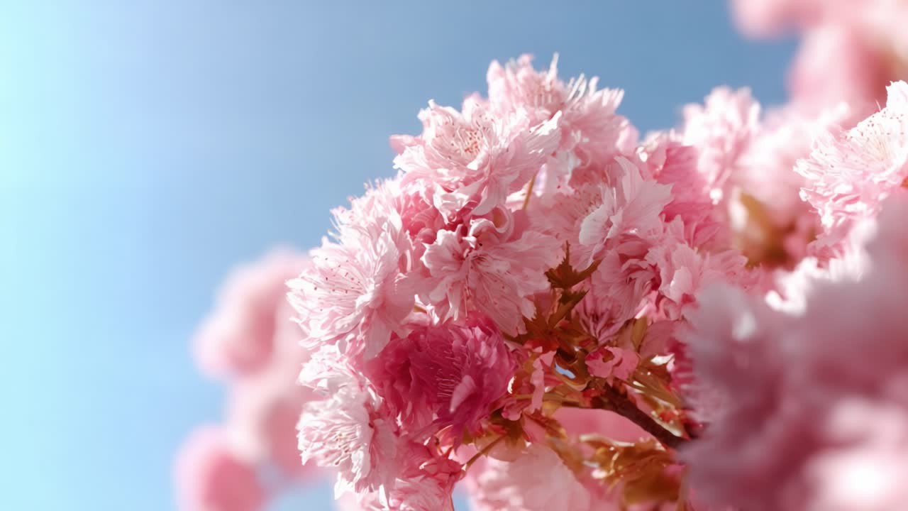 Vibrant Blooming Cherry Blossoms Against a Clear Blue Sky, Showcasing the Delicate Petals and Lush Greenery of Springtime Floral Beauty