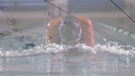 animation of network of connections over fit female swimmer swimming