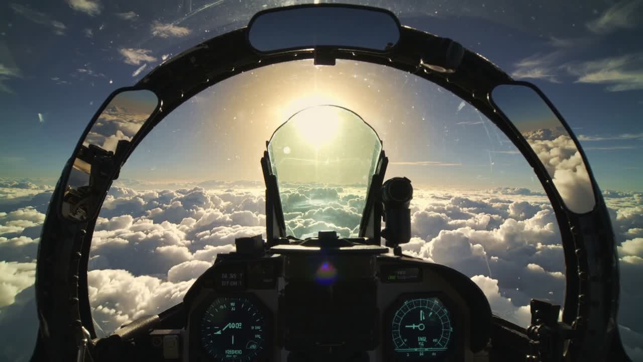 HUD che mostra nuvole in movimento, bagliore solare in aumento, indicatori che si allineano, mantenimento della rotta, volo